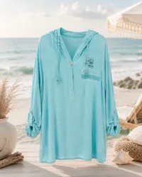 Palermo Long Sleeve Top – One Size, Aqua, 100% Italian Linen