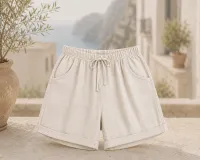 Made in Italy Linen Blend Drawstring Shorts  – One Size, Khaki, 100% Italian Linen