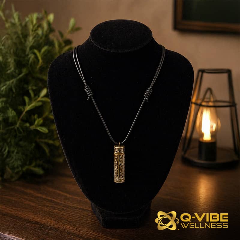 528HKs Small Quantum Infused Tumbled Quartz with Sanskrit Holder  – Image 3