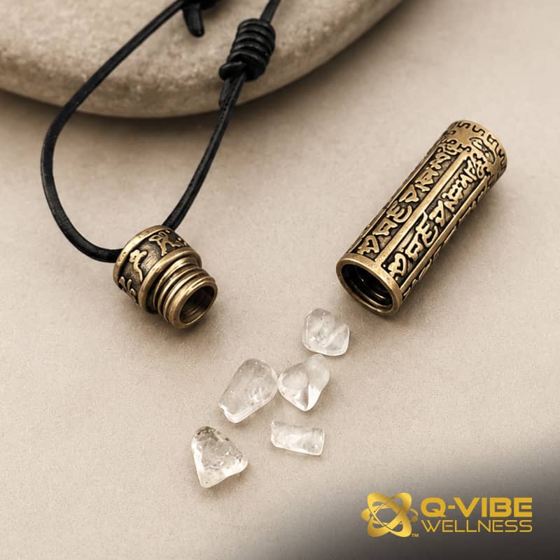 528HKs Small Quantum Infused Tumbled Quartz with Sanskrit Holder  – Image 1