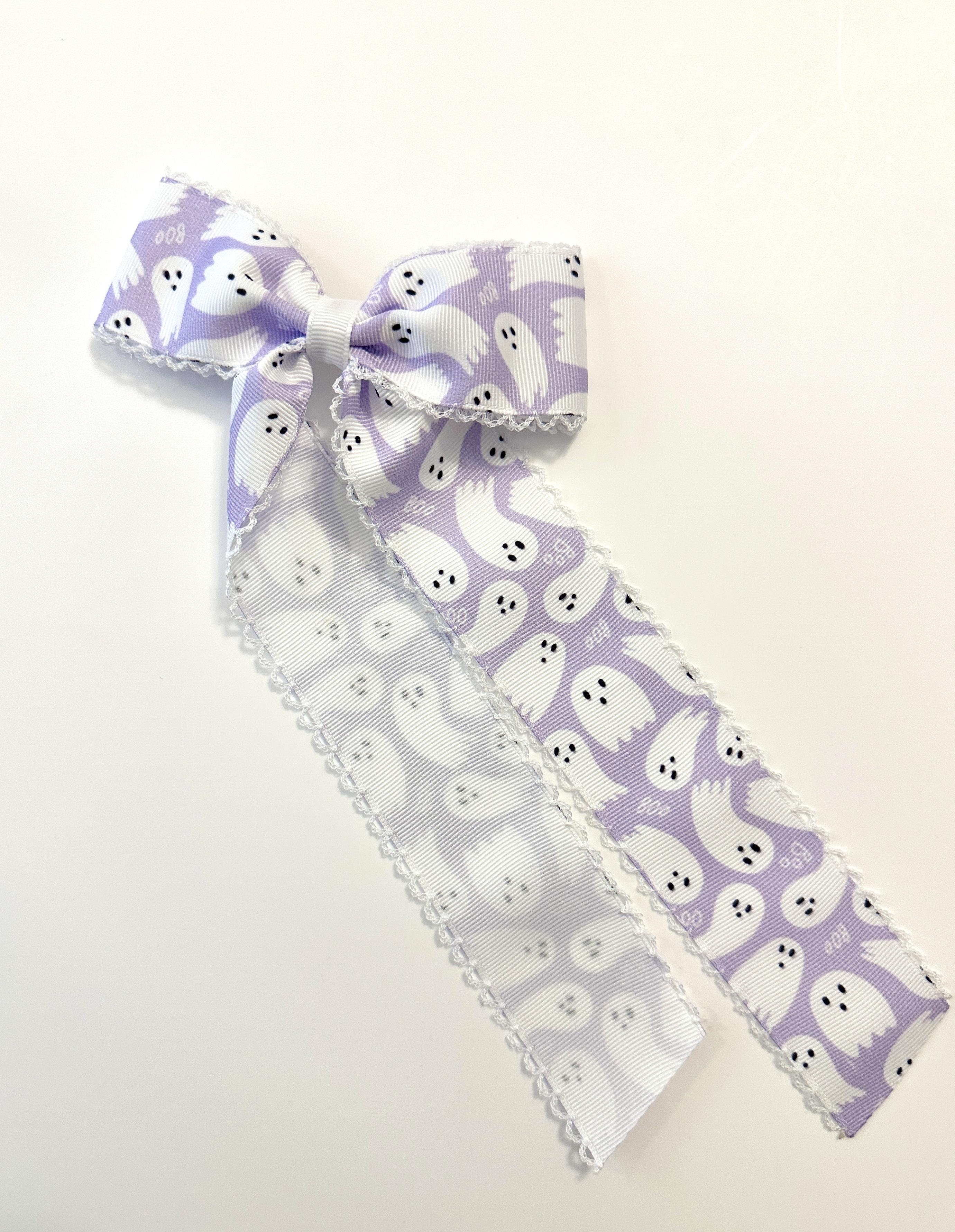 Halloween Moonstitch Long Tail Bow – Ghosts- Lavender w/ White Stitch, Ponytail Tie