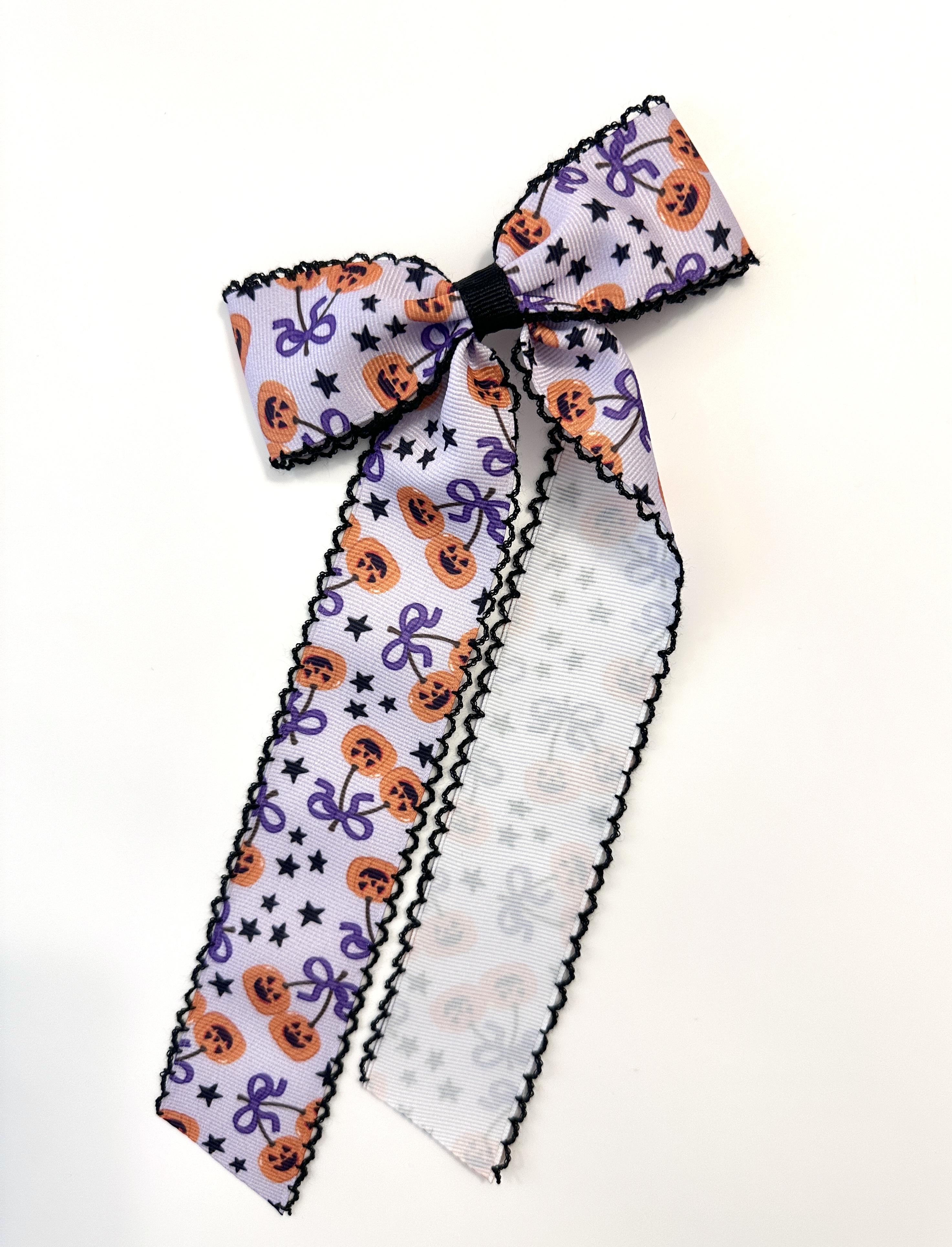 Halloween Moonstitch Long Tail Bow – Jack-o'-lanterns- Lavender w/ Black Stitch, Ponytail Tie