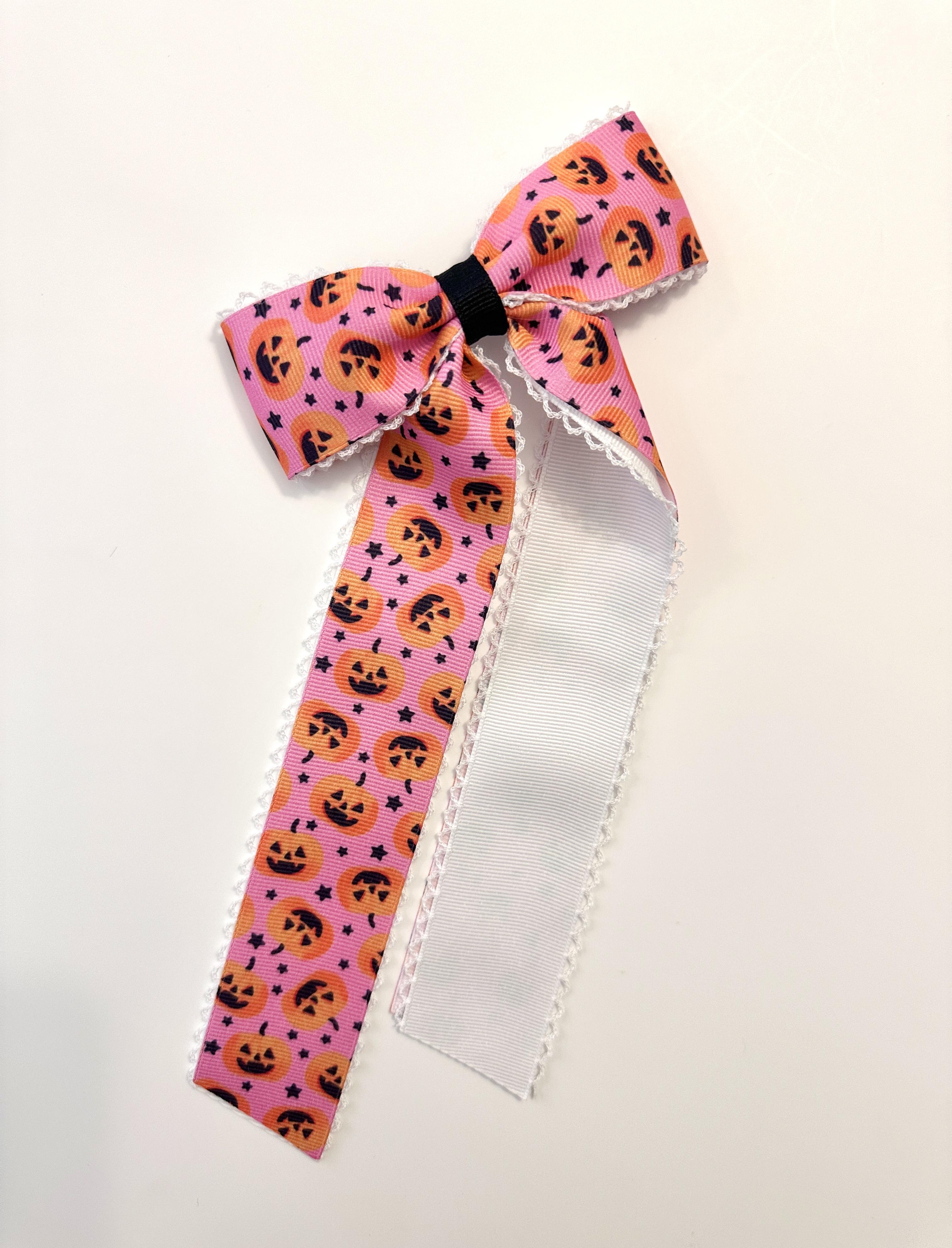 Halloween Moonstitch Long Tail Bow – Jack-o'-lanterns- Pink w/ White Stitch, Ponytail Tie