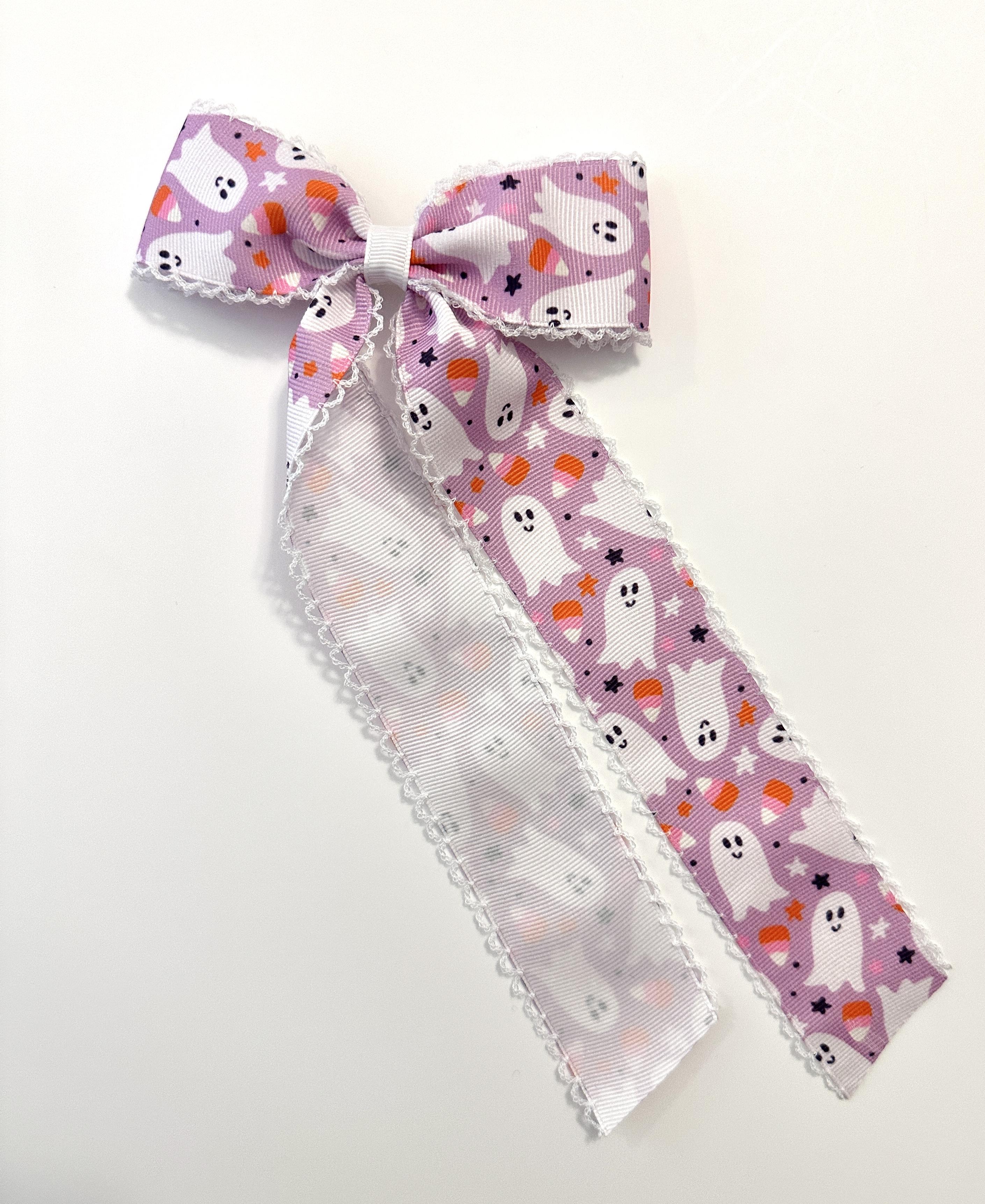 Halloween Moonstitch Long Tail Bow – Ghosts- Pink w/ White Stitch, Ponytail Tie