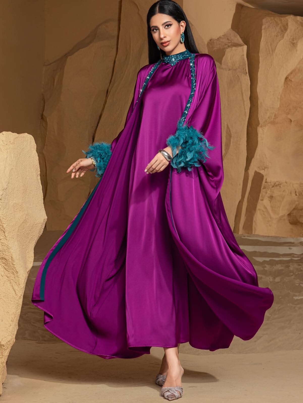 A luxe satin embellished feather dress with a matching kaftan – Image 1