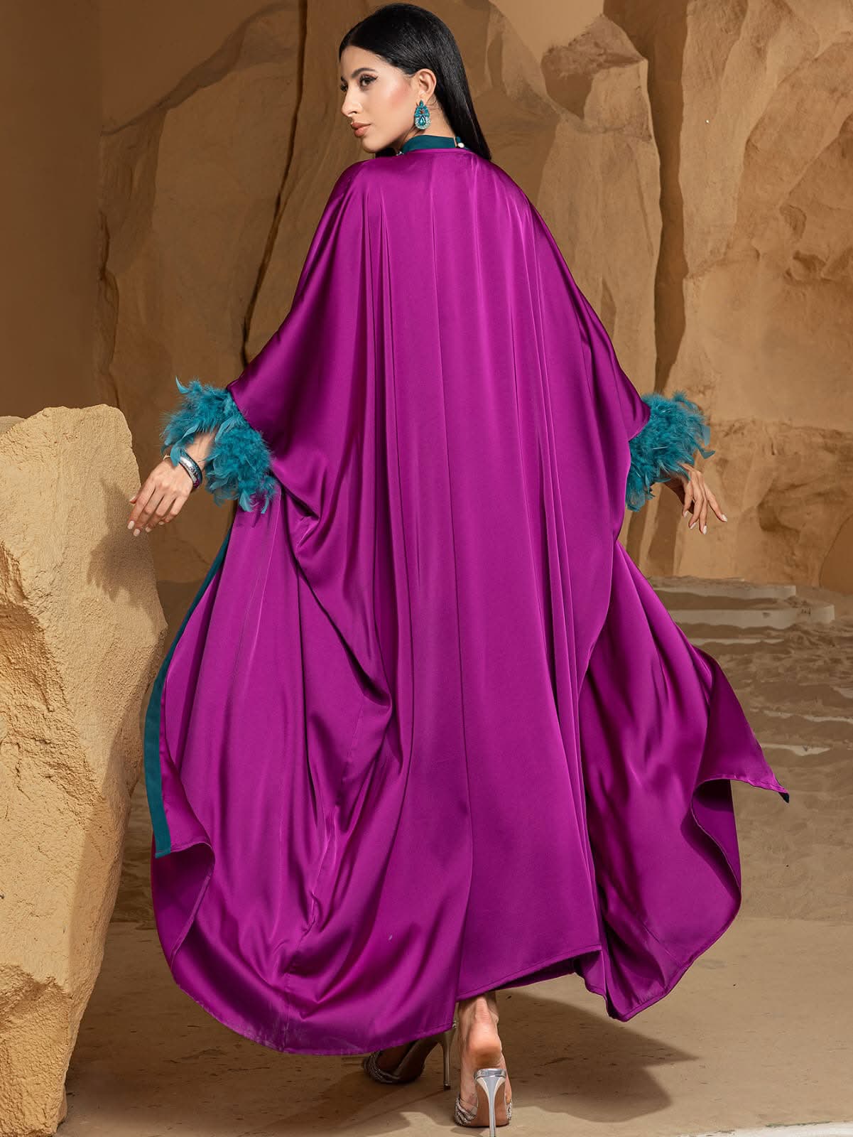 A luxe satin embellished feather dress with a matching kaftan – Image 2