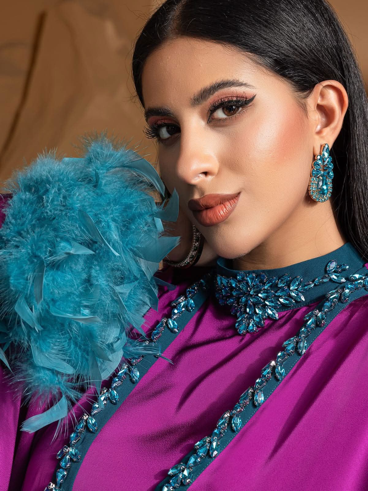 A luxe satin embellished feather dress with a matching kaftan – Image 3
