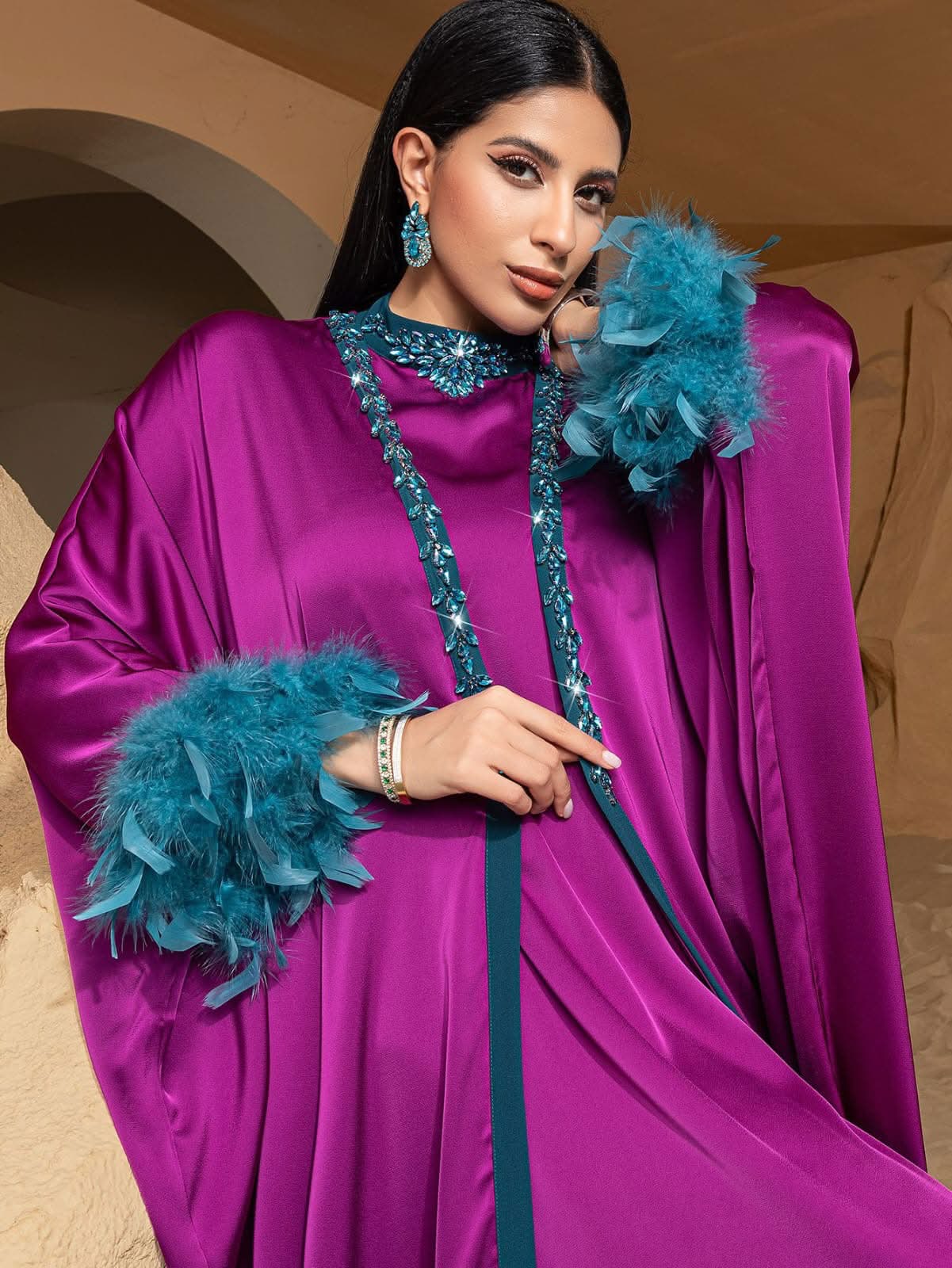 A luxe satin embellished feather dress with a matching kaftan – Image 4