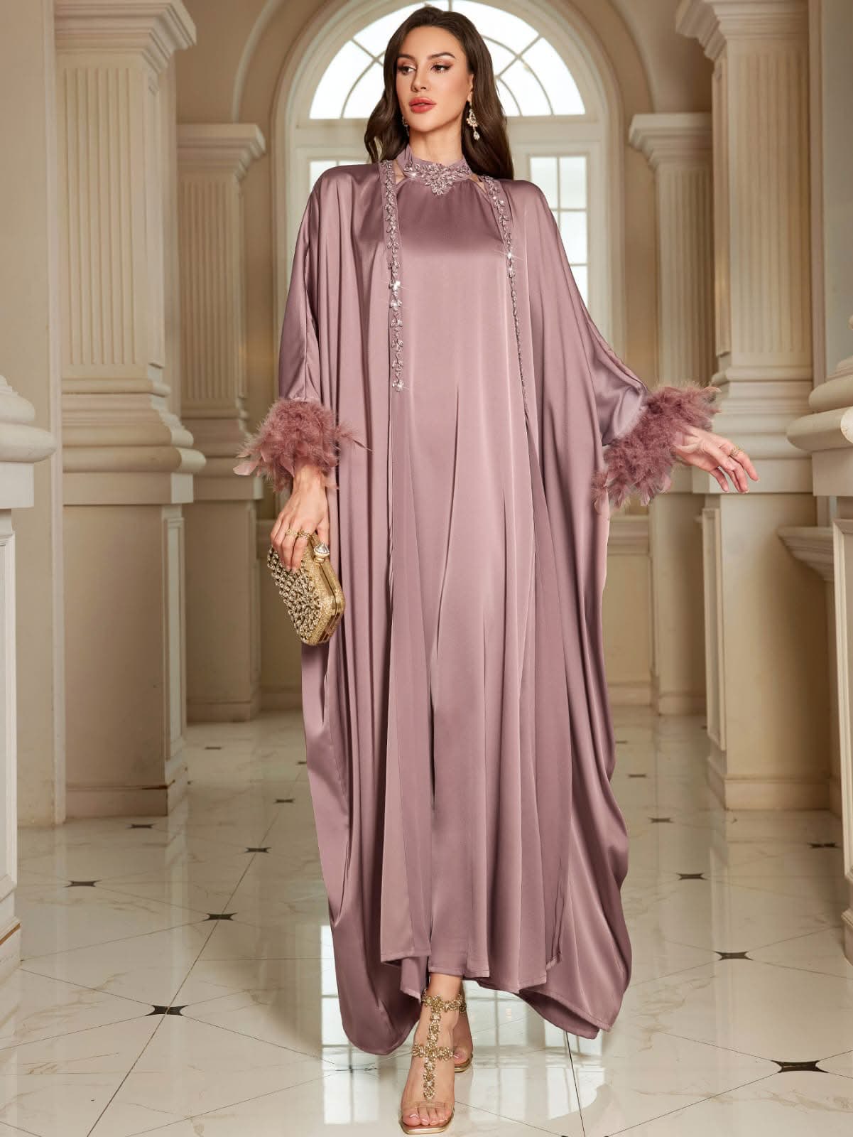 A luxe satin embellished feather dress with a matching kaftan – Image 2