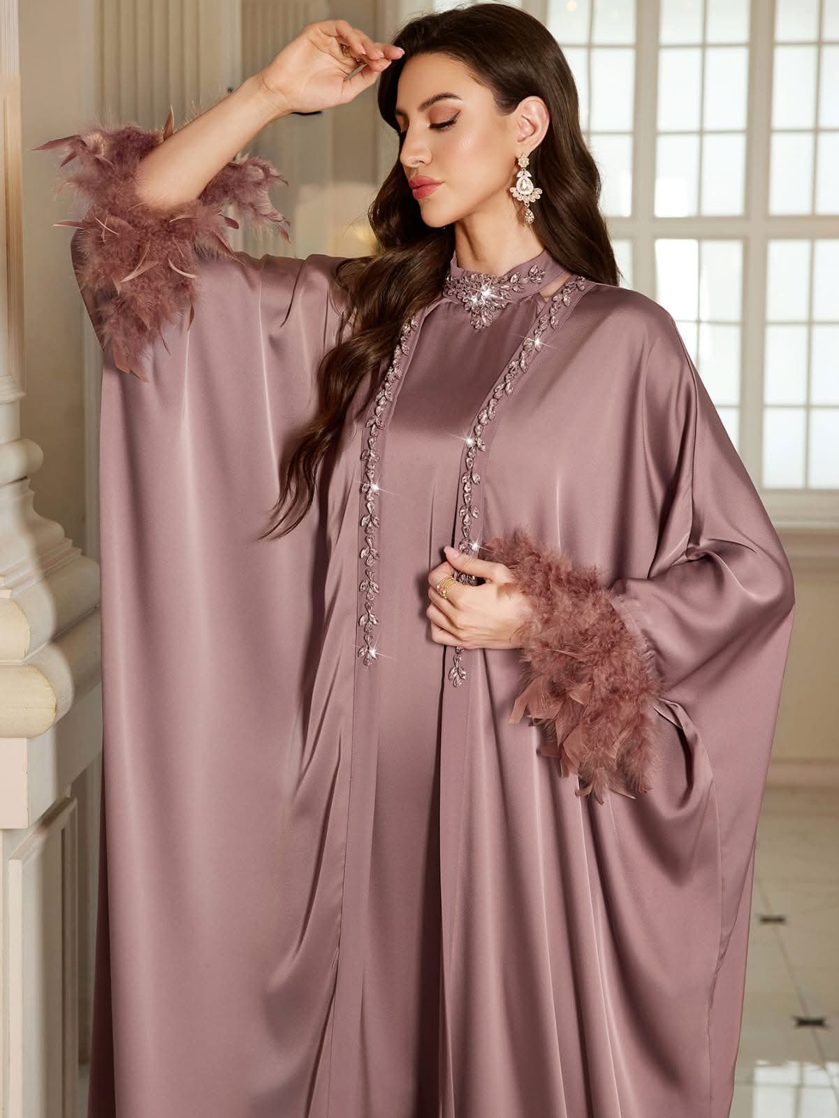 A luxe satin embellished feather dress with a matching kaftan – Image 3