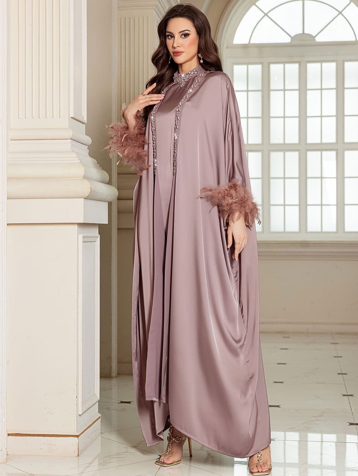 A luxe satin embellished feather dress with a matching kaftan – Image 4