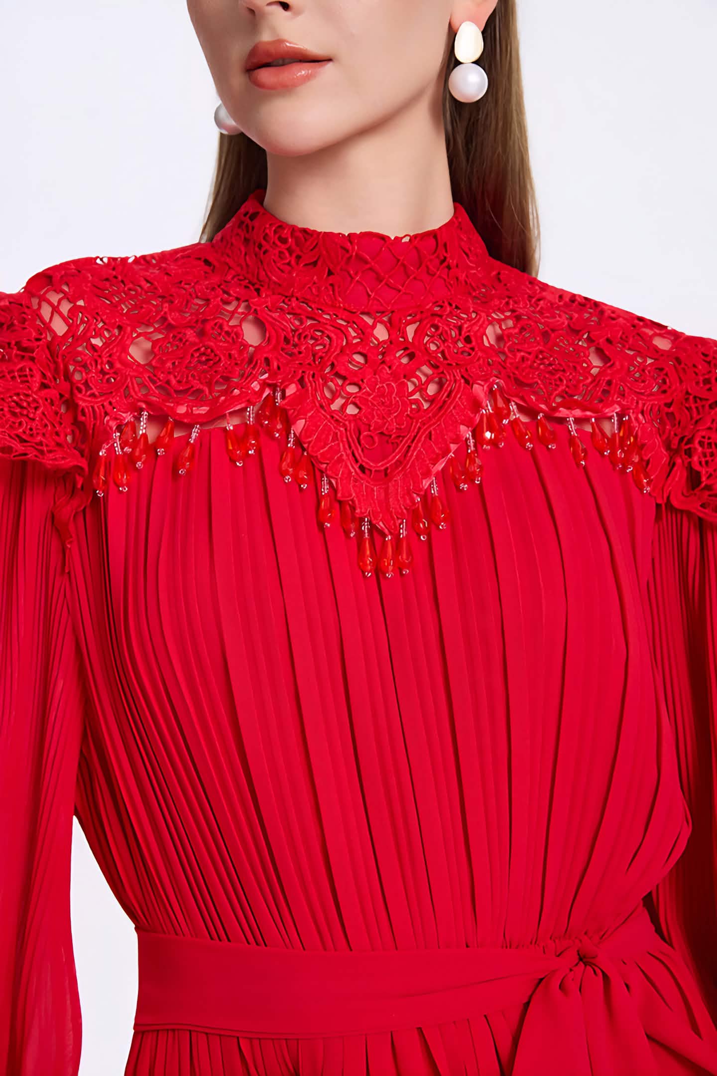 Luxe chiffon maxi pleated dress with guipure lace and hand beaded accents – Image 3