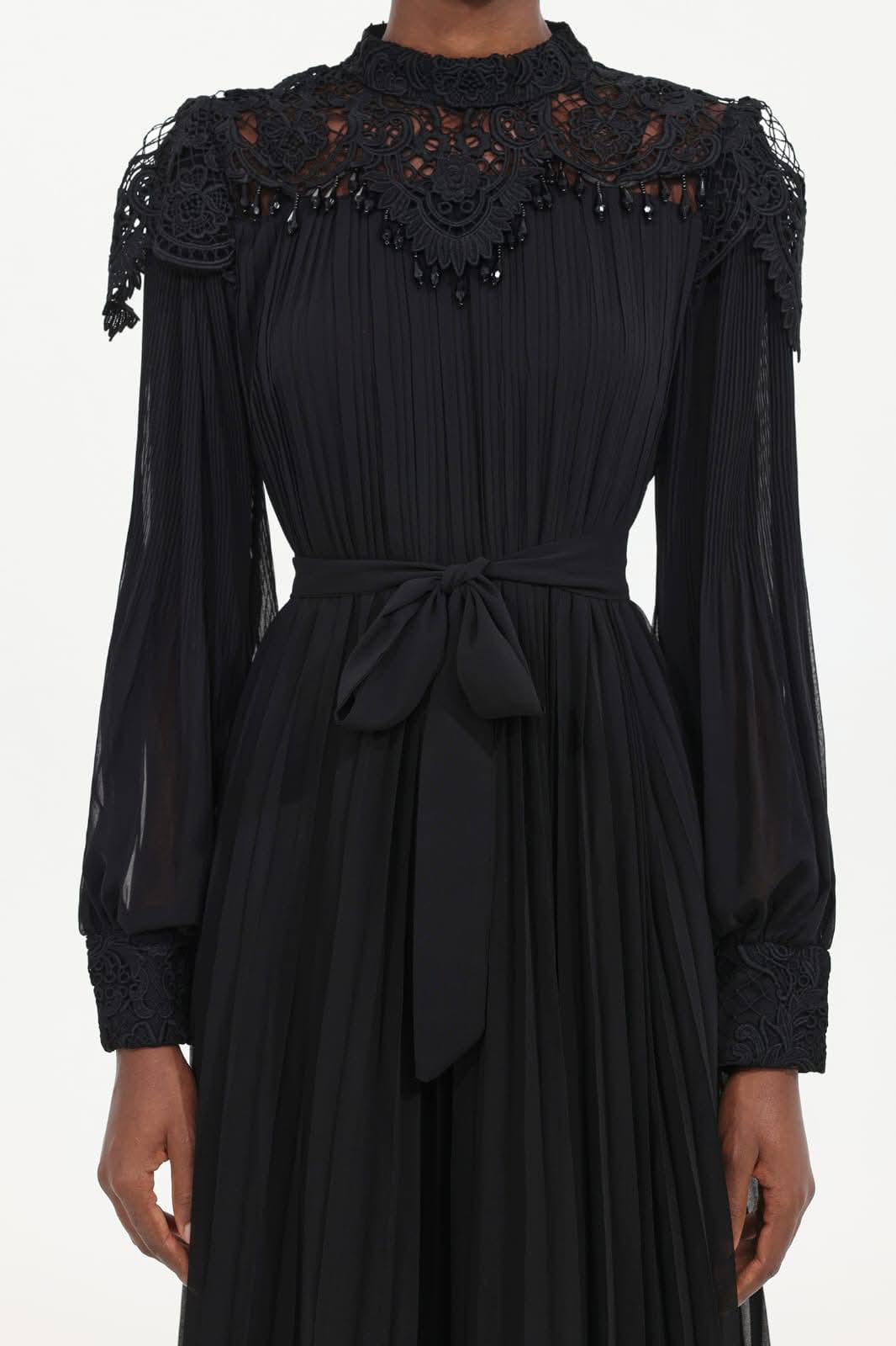 Luxe chiffon maxi pleated dress with guipure lace and hand beaded accents – Image 2