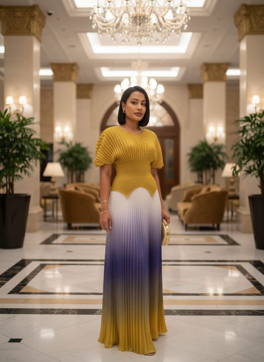 A maxi ombre pleated skirt with a matching textured top – Image 1