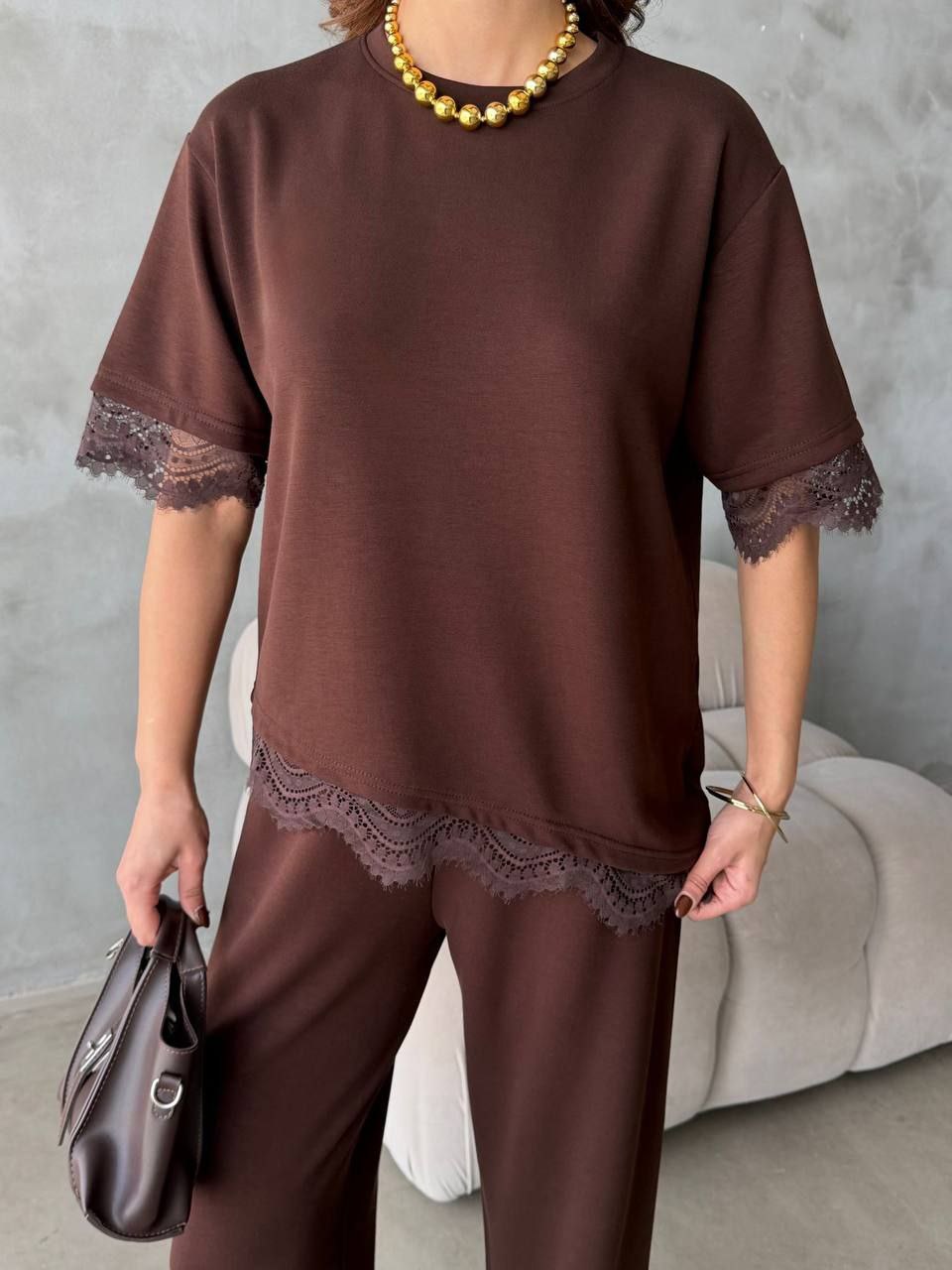 Asymmetric lace co-ord set- Chocolate – Image 2