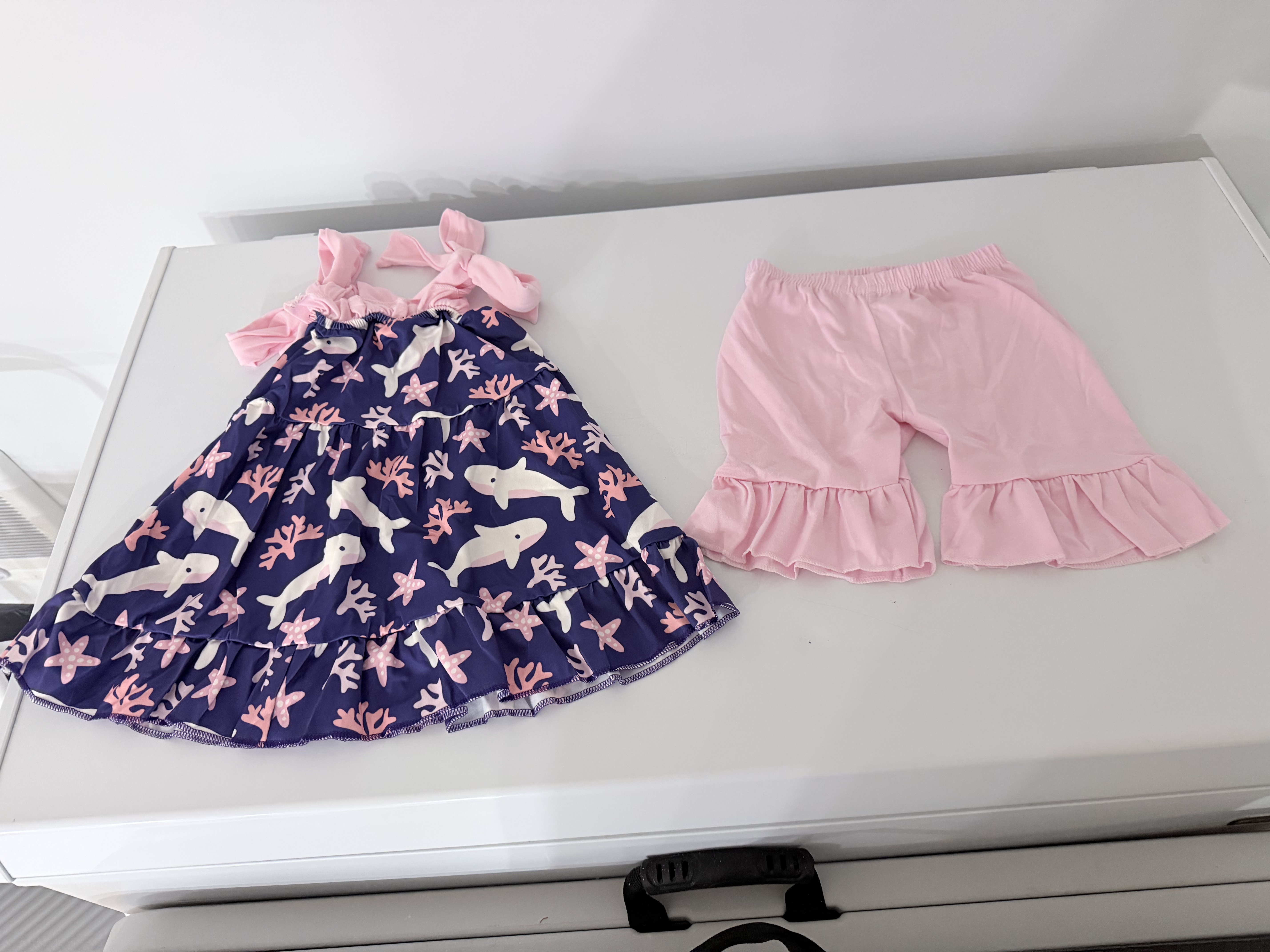 Girls Ocean Print Dress & Pink Ruffle Shorts Set – Image 1
