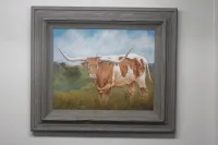 Framed Texas Longhorn Painting Local Artist Juan Baldor – Image 1