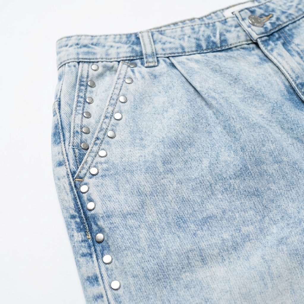 POM Amsterdam Acid-Jeans Midblue Studs - Wide-Leg mit flachen Niet-Reihen – Image 3