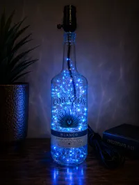 Corazón Tequila Bottle Lamp – Handcrafted Luxury Bar Décor – Blue, Blue Gems, Fairy Lights