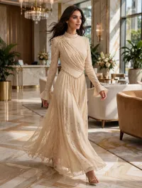 Noor Pearl-Drape Lace Evening Dress – Image 2