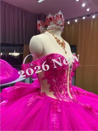 Fuchsia Off Shoulder Quinceanera Dress – Image 3