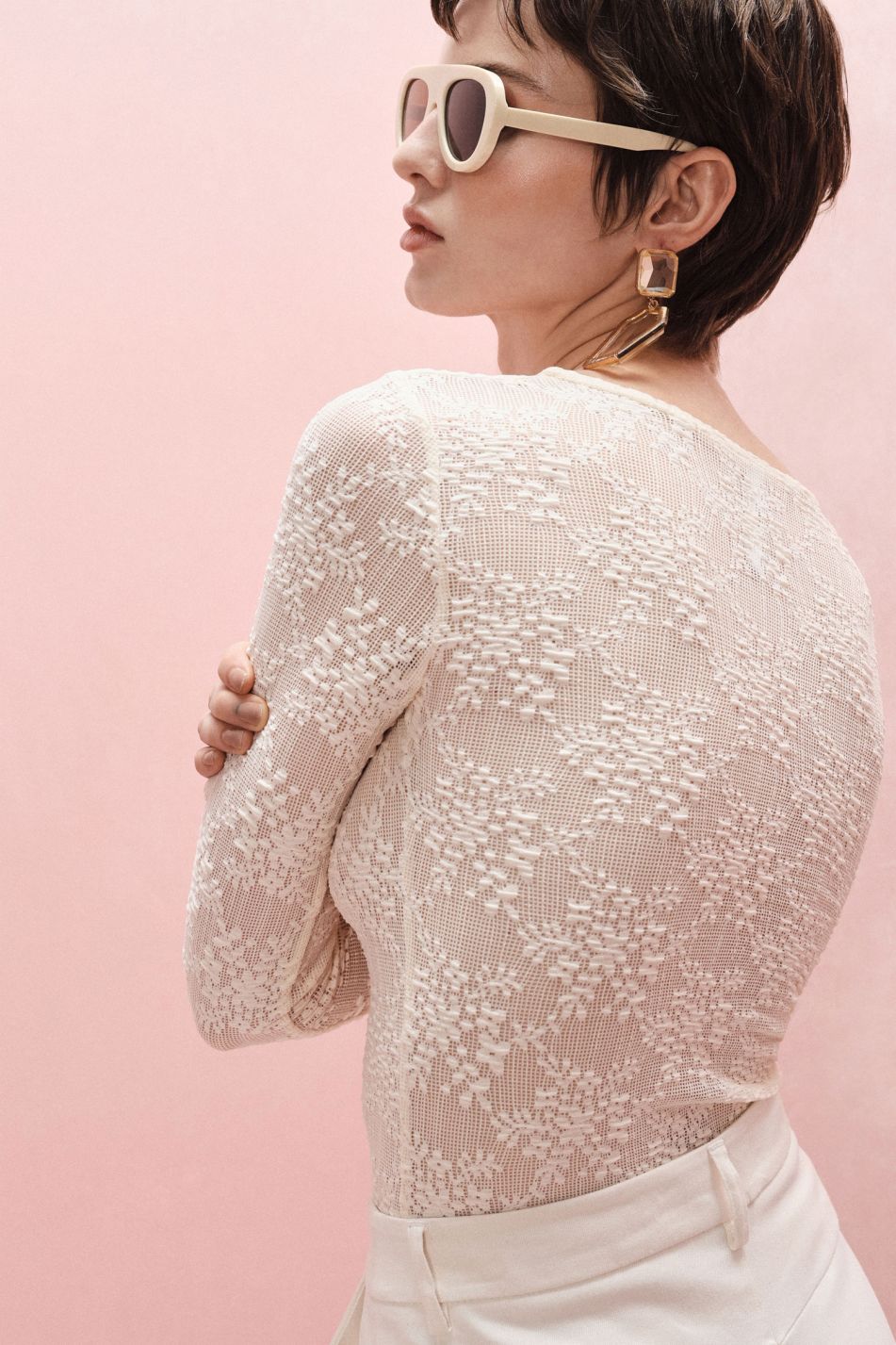 LONG-SLEEVE LACE T-SHIRT WITH FLORAL PATTERN – Image 3