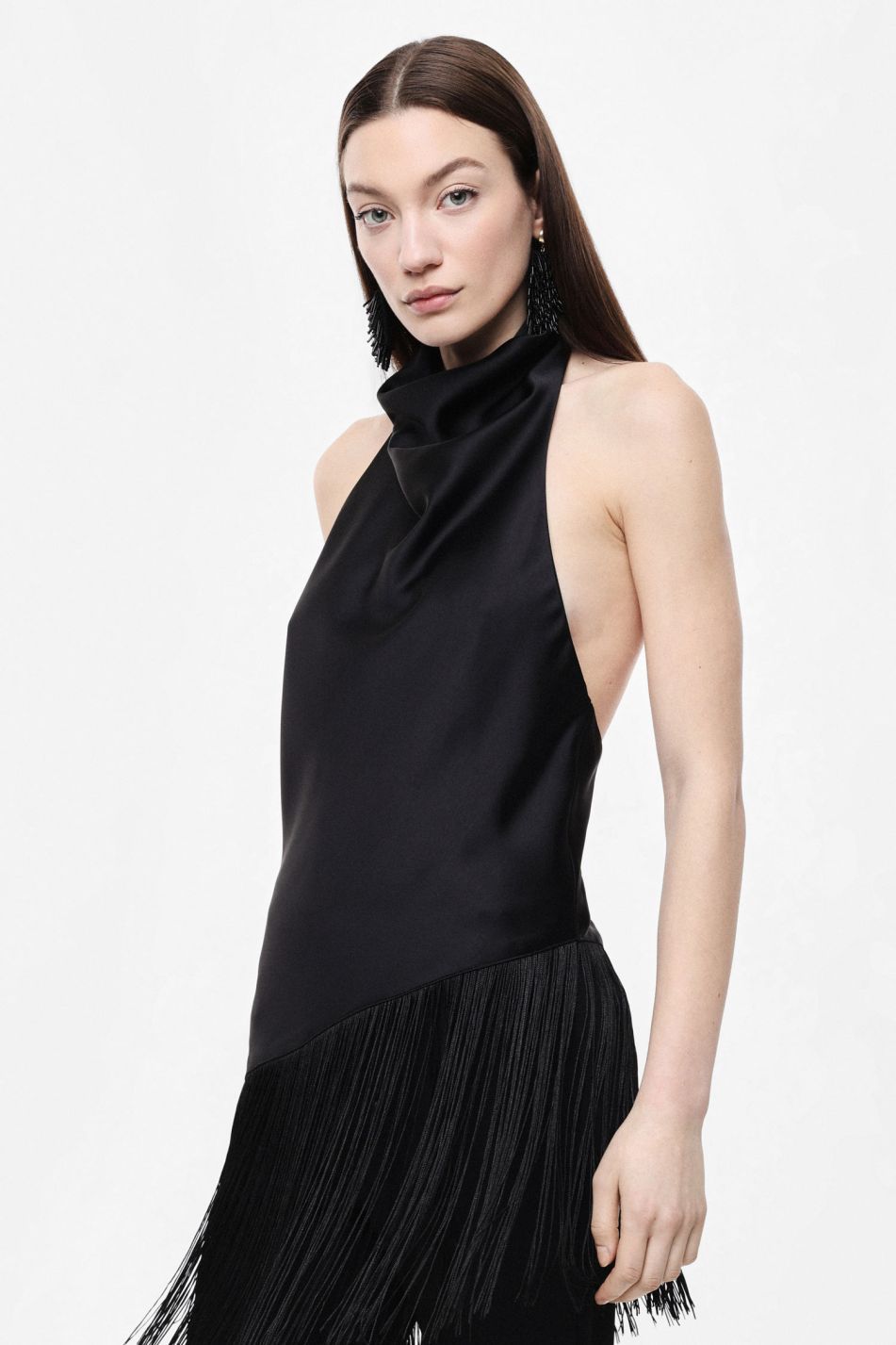 TOP WITH ASYMMETRIC HEM AND HALTER NECK WITH FRINGE – Image 1