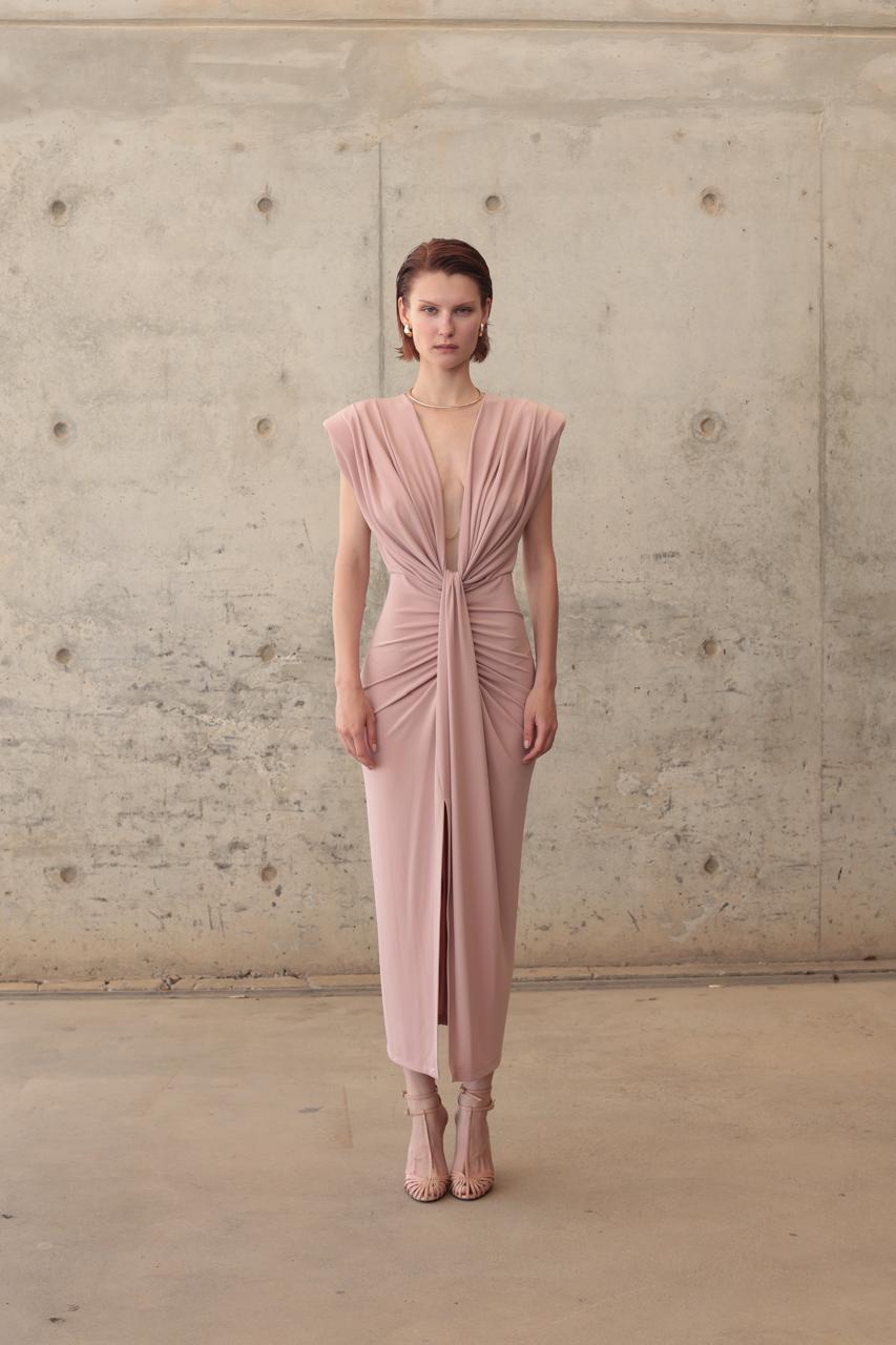 LONG DRESS DEEP V-NECK CENTRAL DRAPING – Image 2