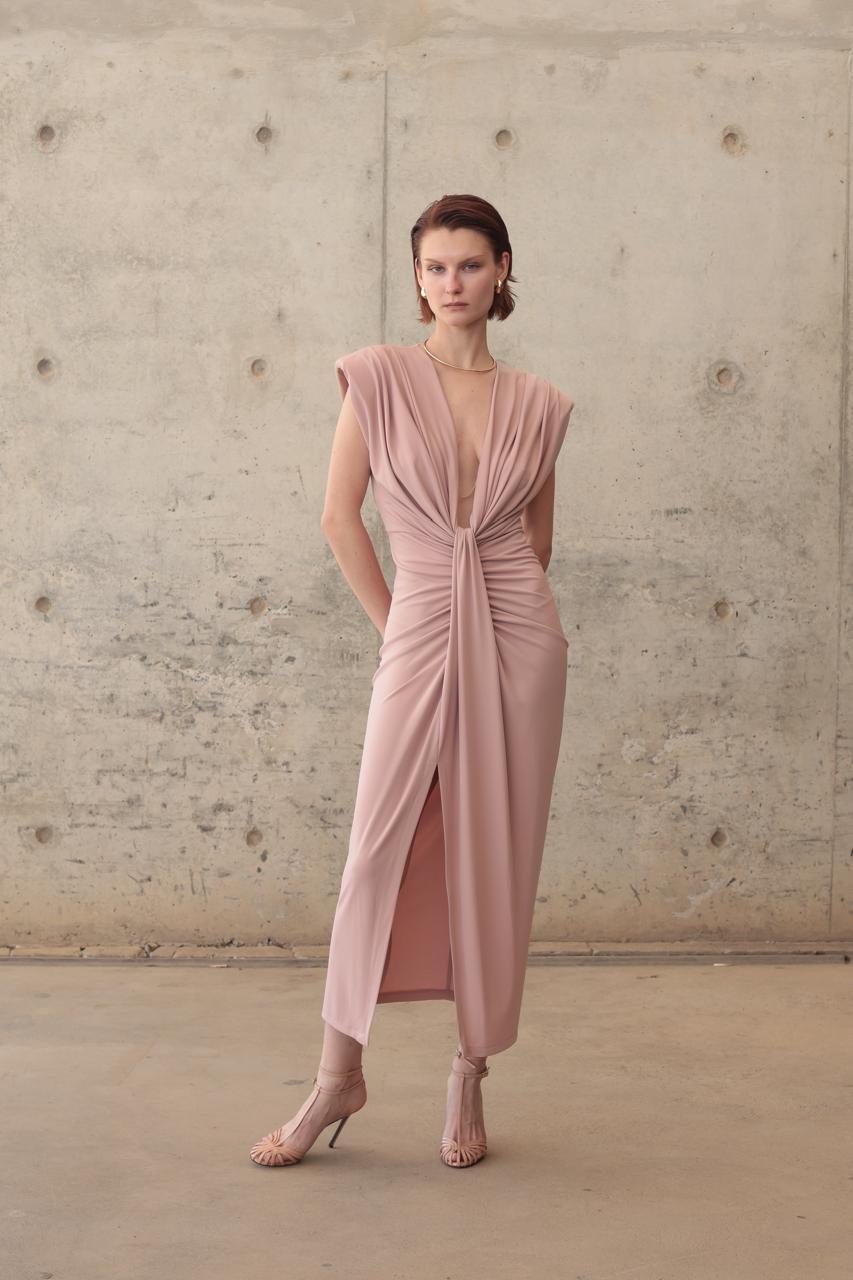 LONG DRESS DEEP V-NECK CENTRAL DRAPING – Image 1