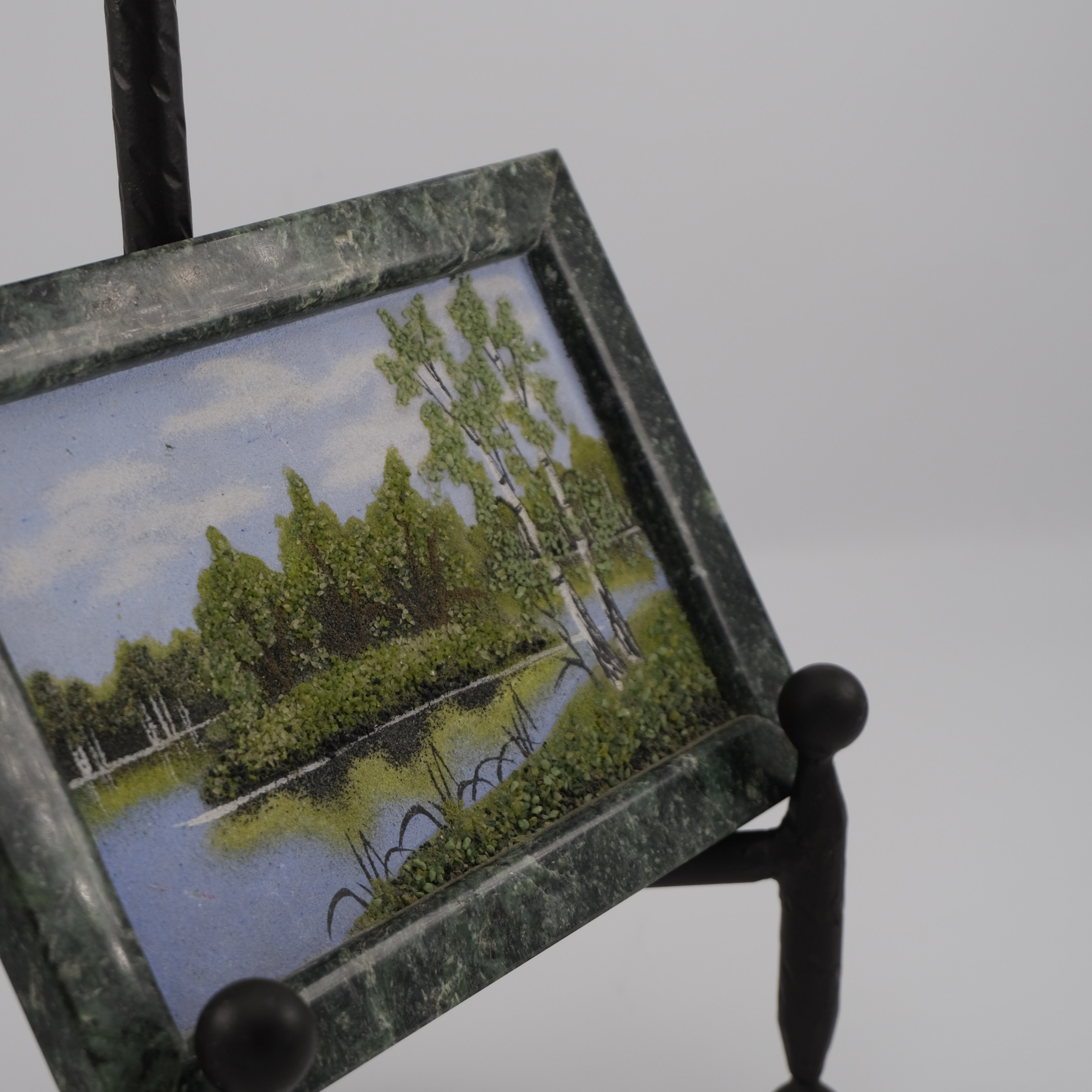 Vintage Russian Landscape Crushed Gemstone Painting Marble Stone Frame – Image 3