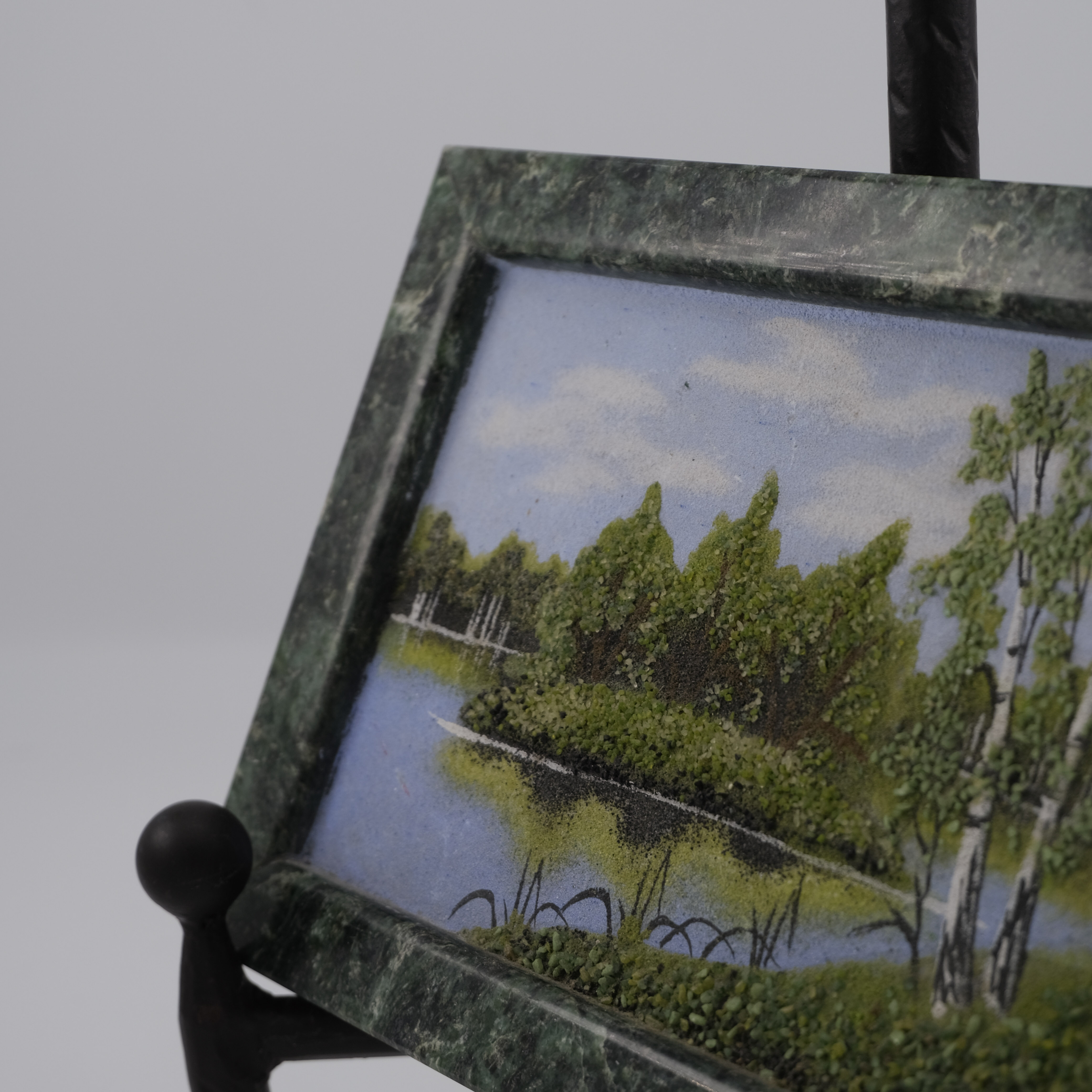 Vintage Russian Landscape Crushed Gemstone Painting Marble Stone Frame – Image 4