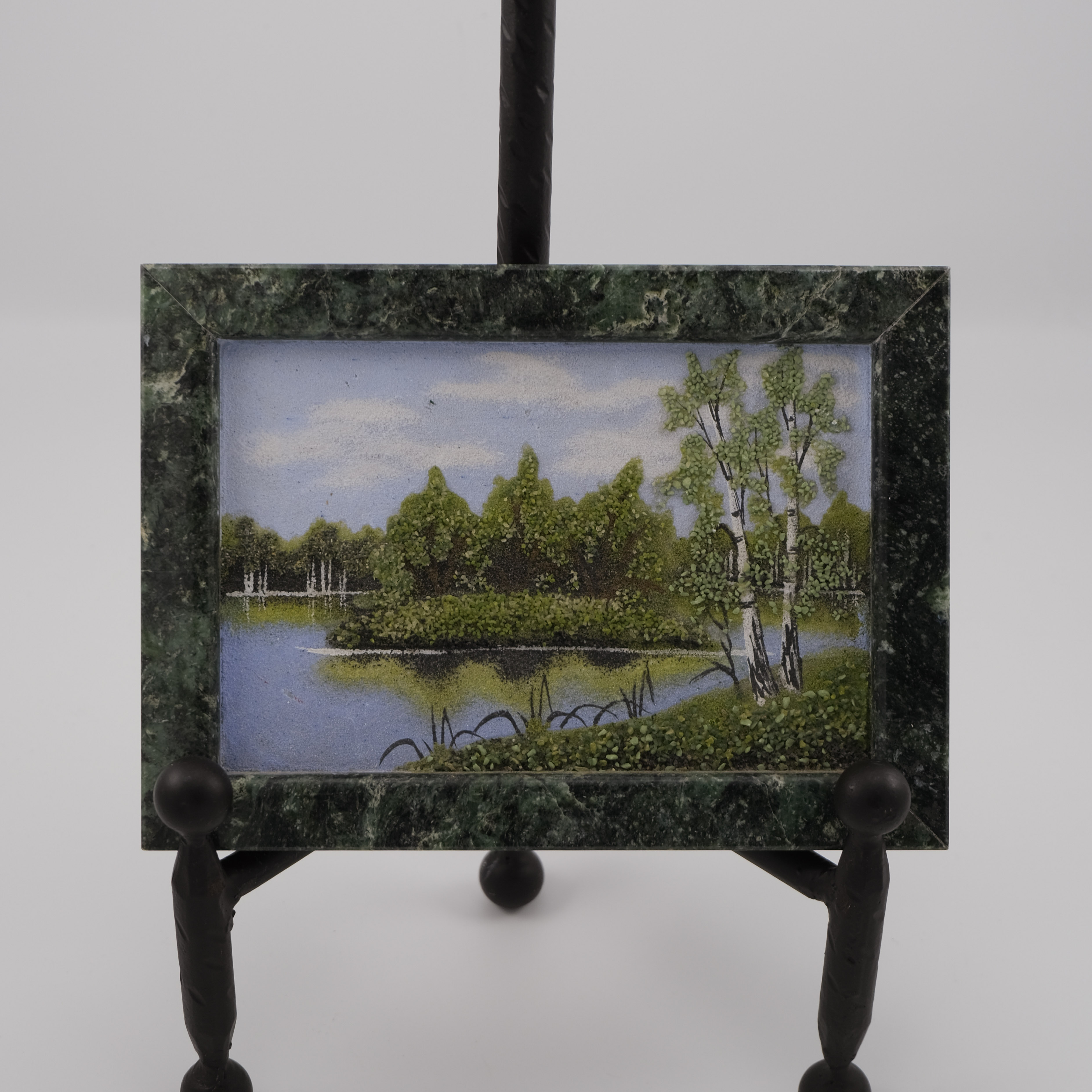 Vintage Russian Landscape Crushed Gemstone Painting Marble Stone Frame – Image 2