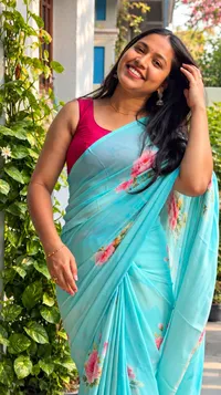 Rosey Blue Floral Chinon Saree – Image 1