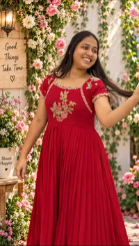 Crimson Bloom Embroidered Designer Frock – Image 2