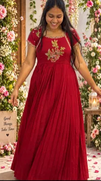 Crimson Bloom Embroidered Designer Frock – Image 1