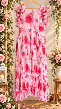 Pink Floral Ruffle Pure Chiffon Maxi – Image 1