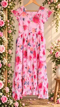 Pink Floral Ruffle Pure Chiffon Maxi – Image 2