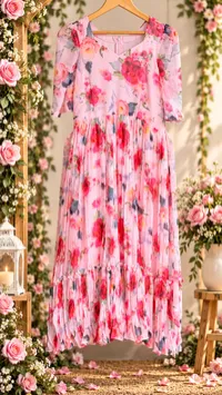 Pink Floral Ruffle Pure Chiffon Maxi – Image 3