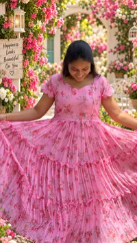 Baby Pink Floral Pure Georgette 2 Tier Maxi – Image 2