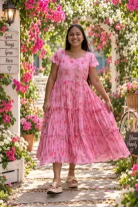 Baby Pink Floral Pure Georgette 2 Tier Maxi – Image 1