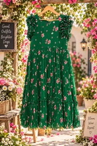Bottle Green Pure Georgette Ruffle Sleeve Maxi – Image 1