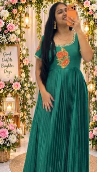 Teal Green Chinnon Designer Long Frock – Image 1