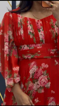 Red Floral Pure Chiffon Body Frills Maxi Frock – Image 2