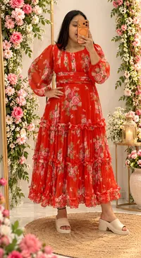 Red Floral Pure Chiffon Body Frills Maxi Frock – Image 1