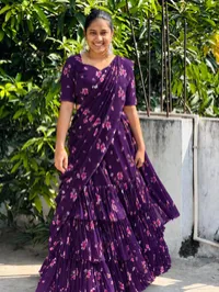 Purple Floral Pure Georgette Layered Half Saree – Image 1