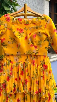 Yellow Floral Pure Georgette Half Saree – Image 2