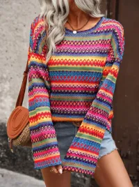 Boho Multicolor Geometric Knit Bell Sleeve Top – Small