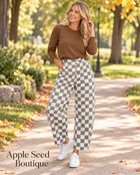  Checkered Print Denim Barrel Pants – Size 8