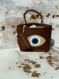 Chocolate Brown Evil Eye Jute Tote Bag with Matching Zipper Pouch – Image 1