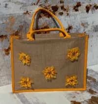 Boho Floral Jute Tote Bag with Mustard Yellow Trim & Double Handles – Image 1